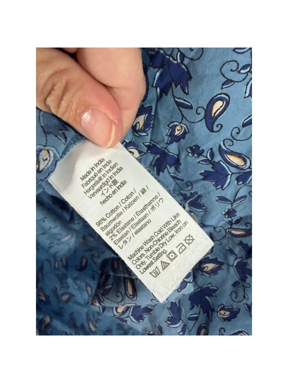 J.Crew Blue Floral Paisley Smocked Cuff Blouse Top Womens Large Cotton Blend